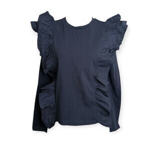 English Factory Long-Sleeve Ruffled Top XS Anthropologie Navy